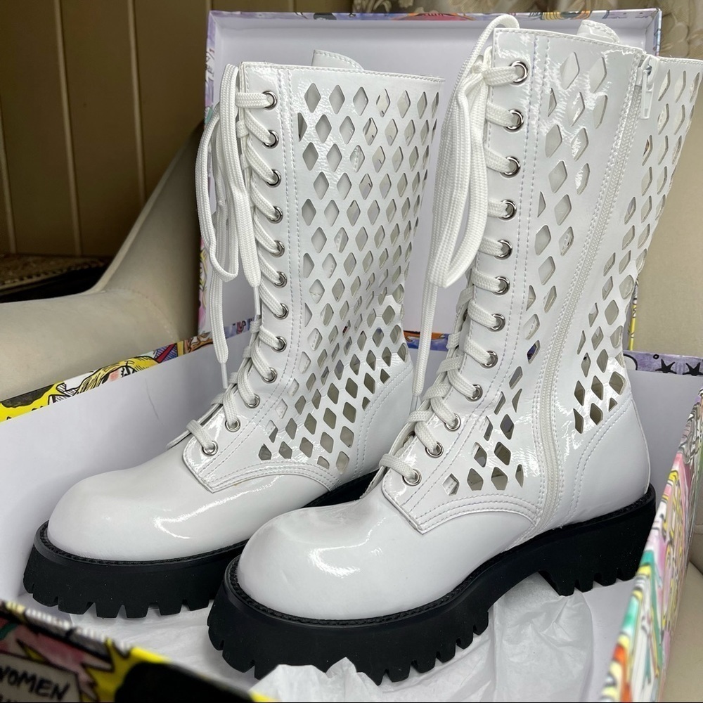 New! Jeffrey Campbell White Leather Lace Up Chunky Moto Combat Boots Boot Sz 9